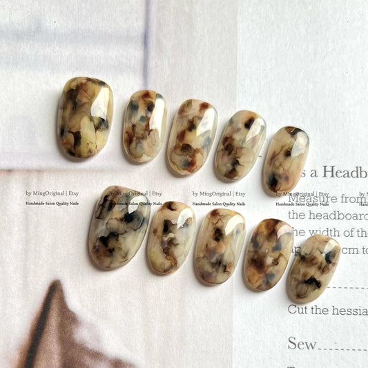 Abstract Brown and Beige Press On Nails, Light Tortoise Shell, Warm Neutral Nail Art, MO771
