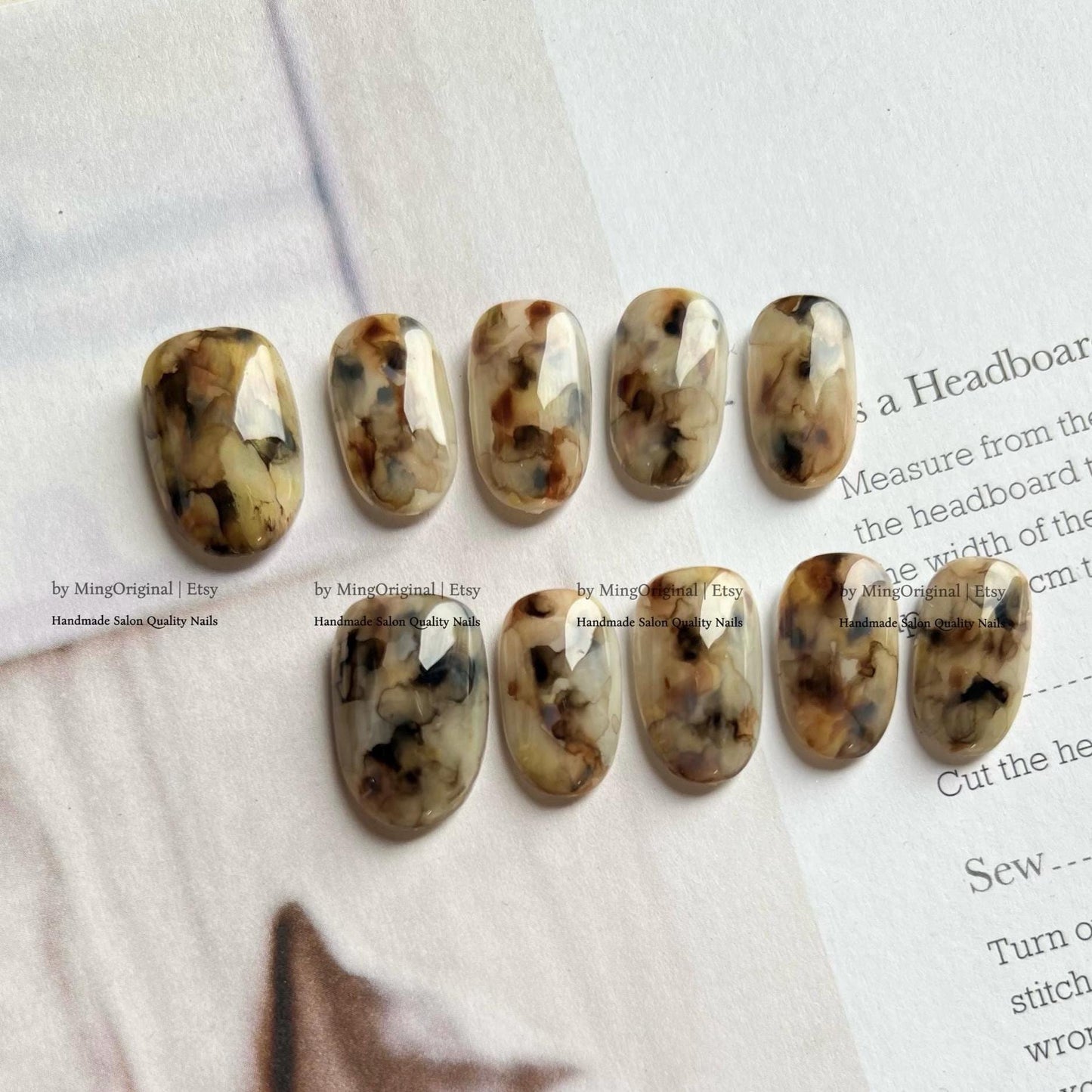 Abstract Brown and Beige Press On Nails, Light Tortoise Shell, Warm Neutral Nail Art, MO771