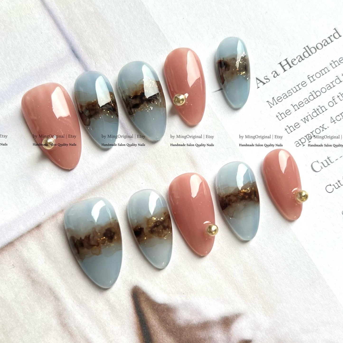 Dusty Blue and Terracotta Press On Nails, Abstract Smoky Gold Foil Accent, Modern Handmade Fake Nails, MO772