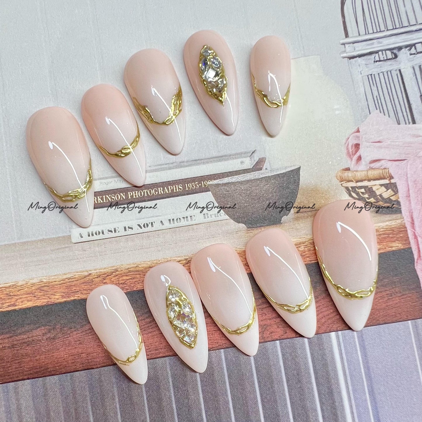 Nude French Jewel Press on Nails, Chrome with Rhinestone Fake Nails, Ombre Handmade Gel Nails, Jelly Nails, Reusable n\Nails, MO749