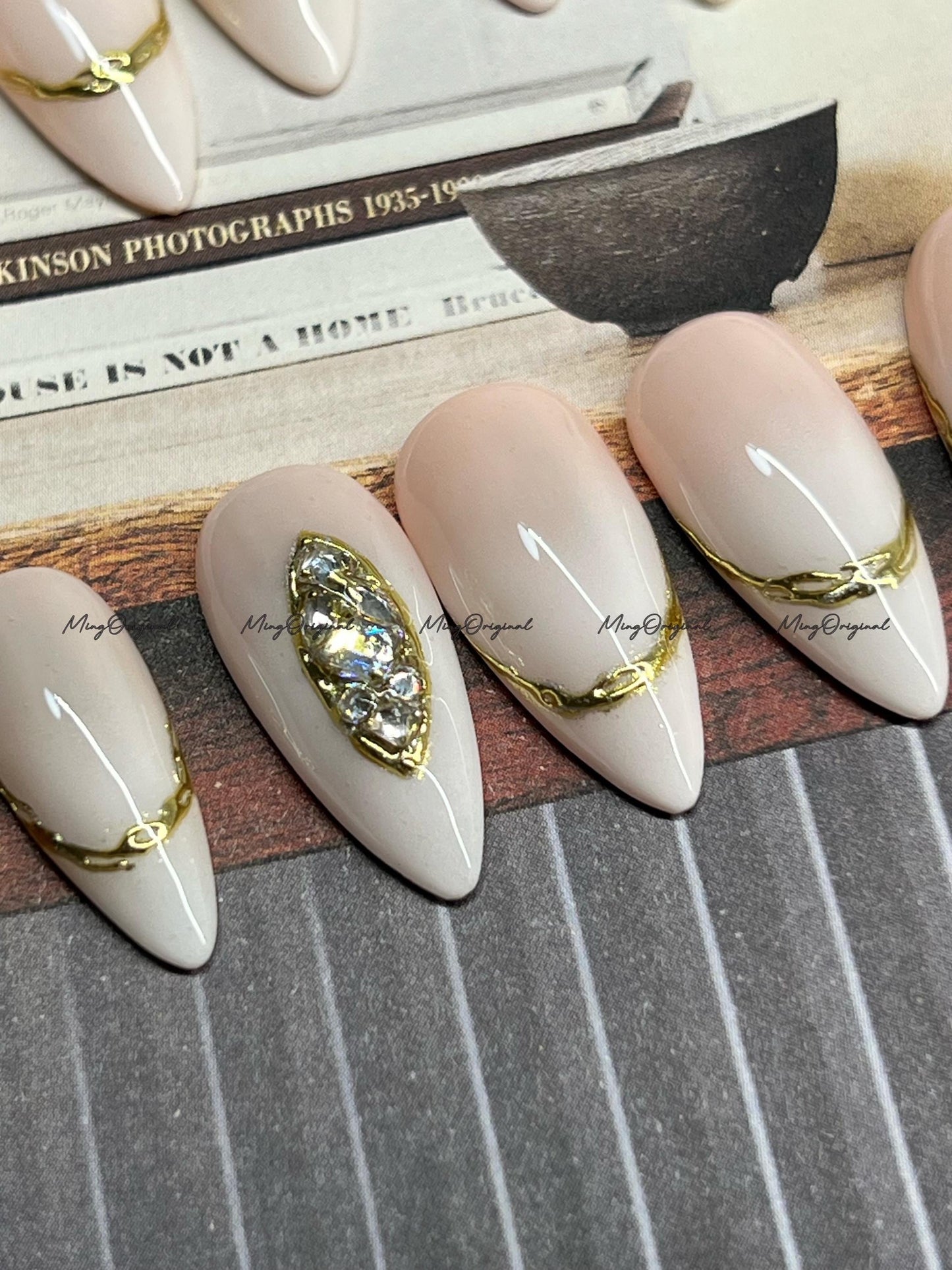 Nude French Jewel Press on Nails, Chrome with Rhinestone Fake Nails, Ombre Handmade Gel Nails, Jelly Nails, Reusable n\Nails, MO749