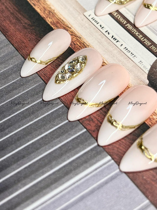 Nude French Jewel Press on Nails, Chrome with Rhinestone Fake Nails, Ombre Handmade Gel Nails, Jelly Nails, Reusable n\Nails, MO749