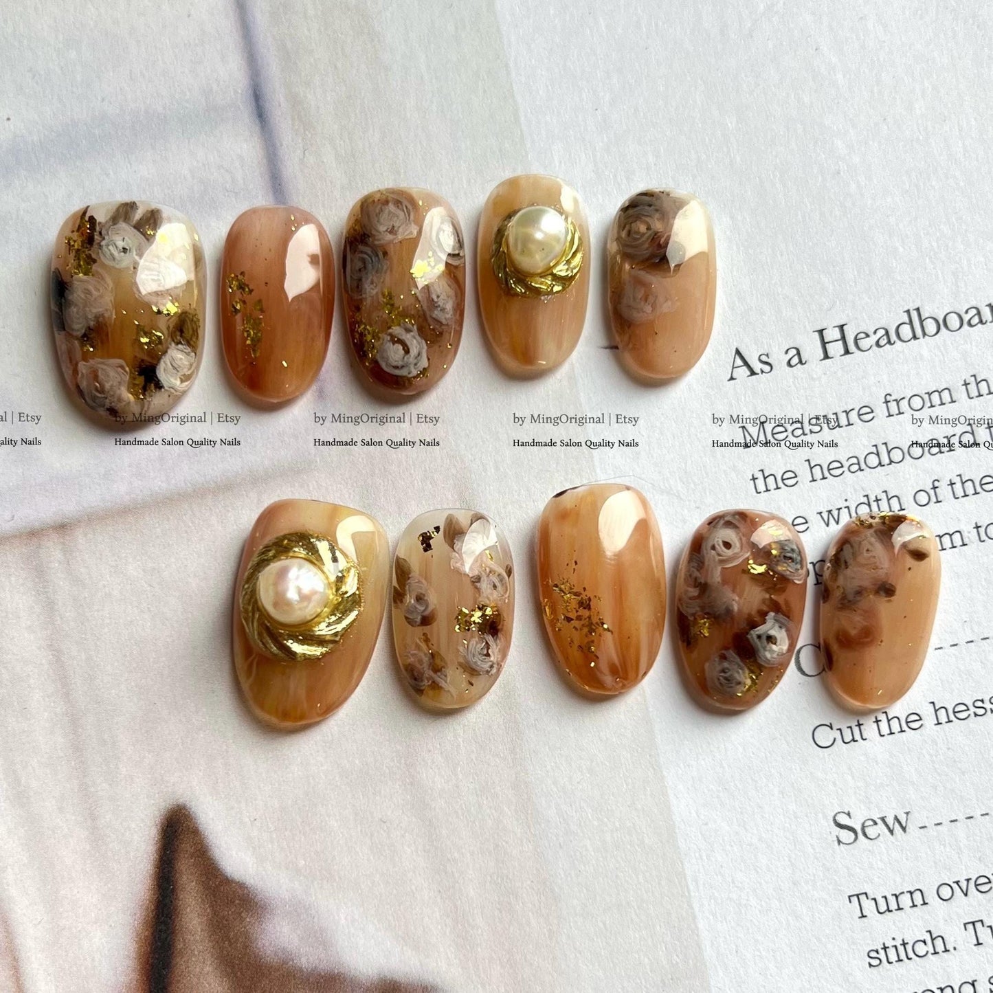 Vintage Rose Bouquet Press On Nails, Luxurious Pearl And Gold Foil, MO774