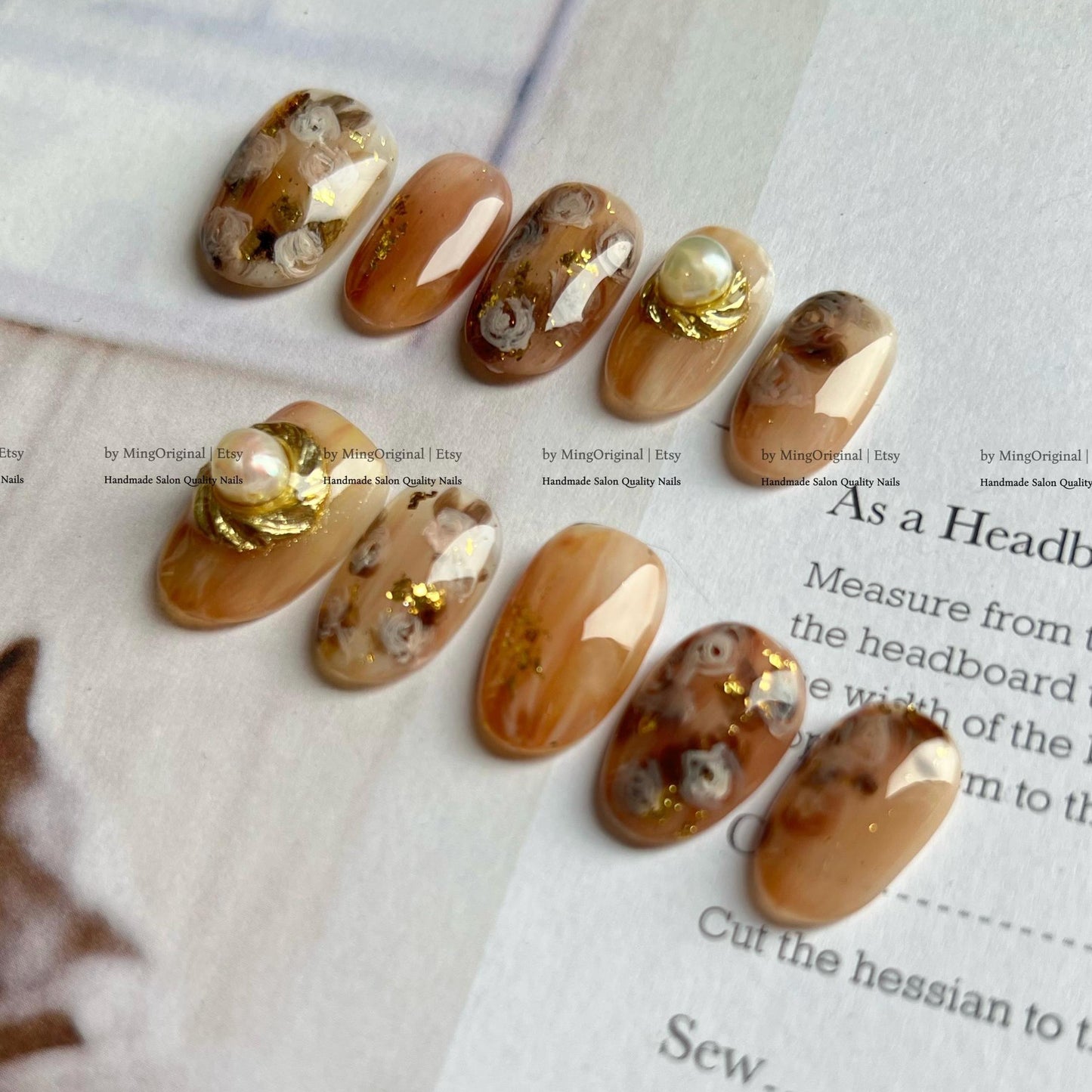 Vintage Rose Bouquet Press On Nails, Luxurious Pearl And Gold Foil, MO774