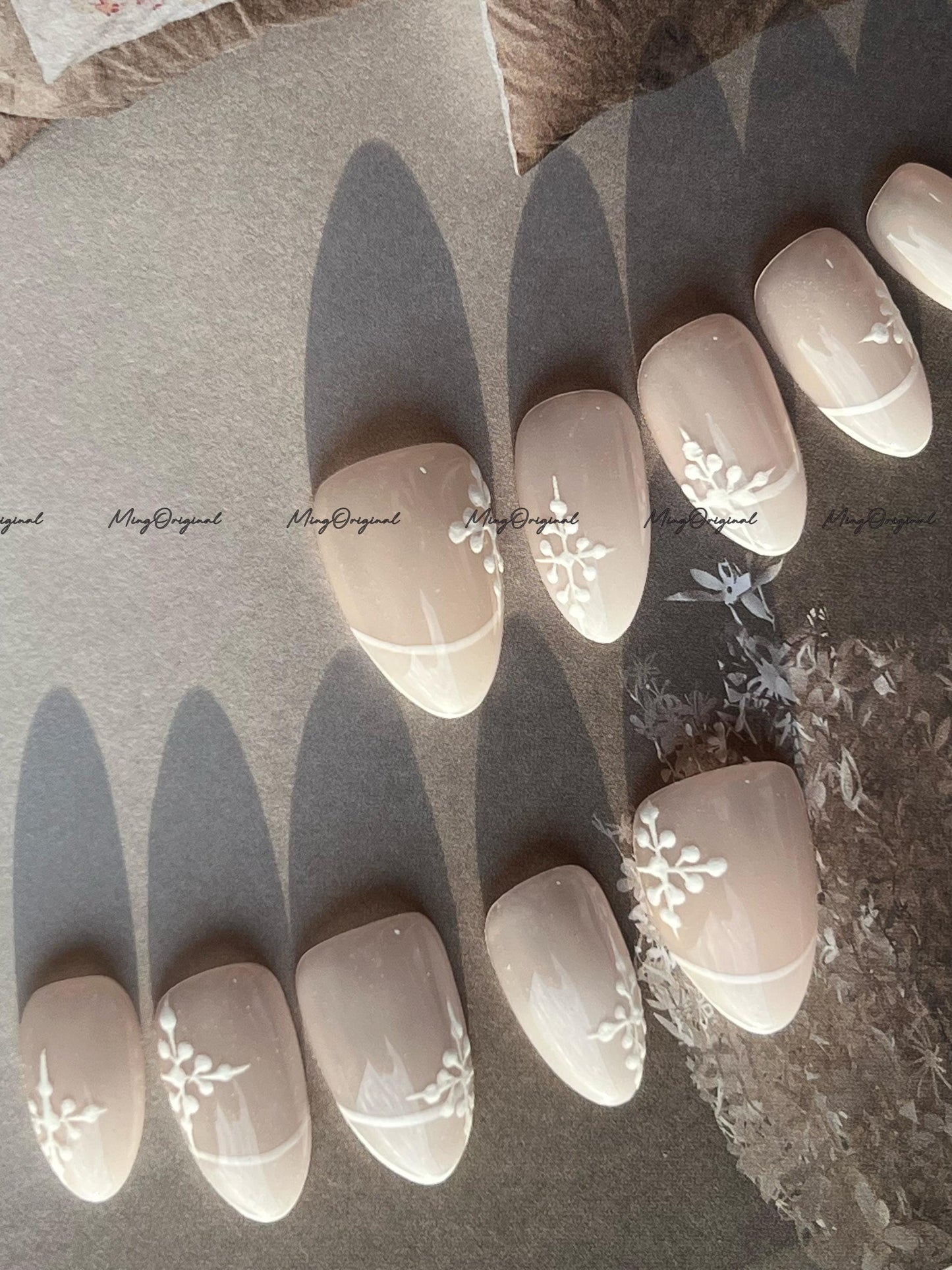 Snowflake Press-On Nails, Nude Pink Winter Nail Art Set, Handmade False Nails for Christmas & Holiday Season, MO750