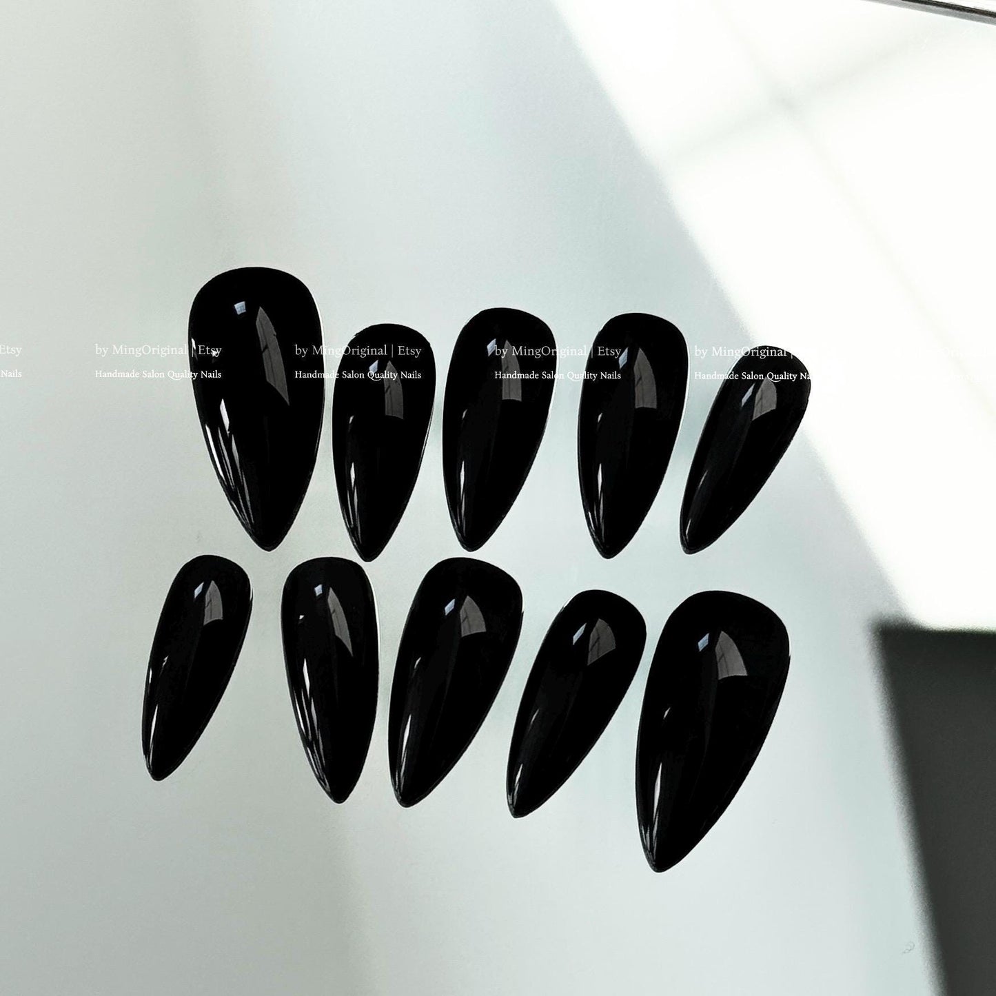 Solid Classic True Black color press on nails, opaque black nail, reusable nail, MO775
