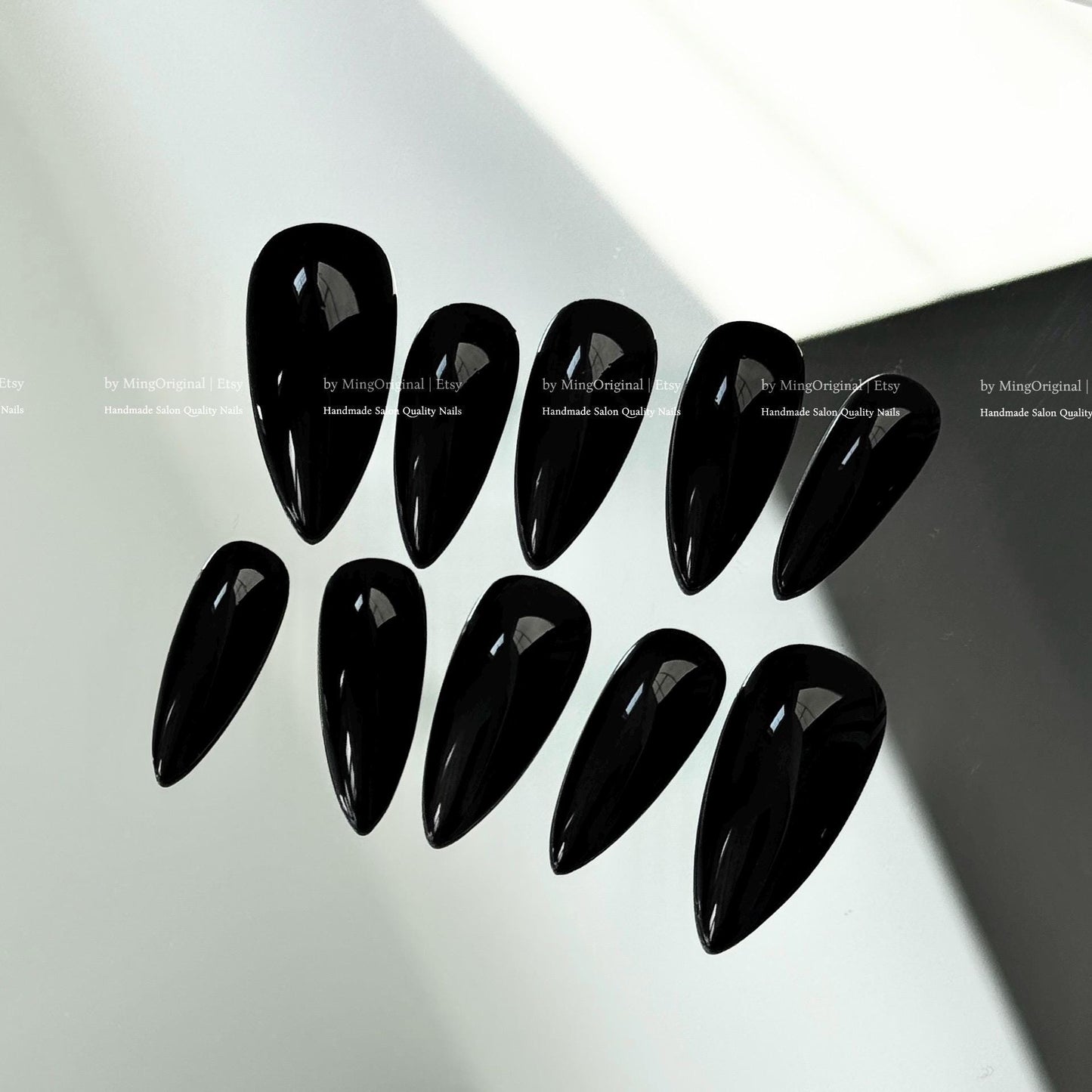 Solid Classic True Black color press on nails, opaque black nail, reusable nail, MO775