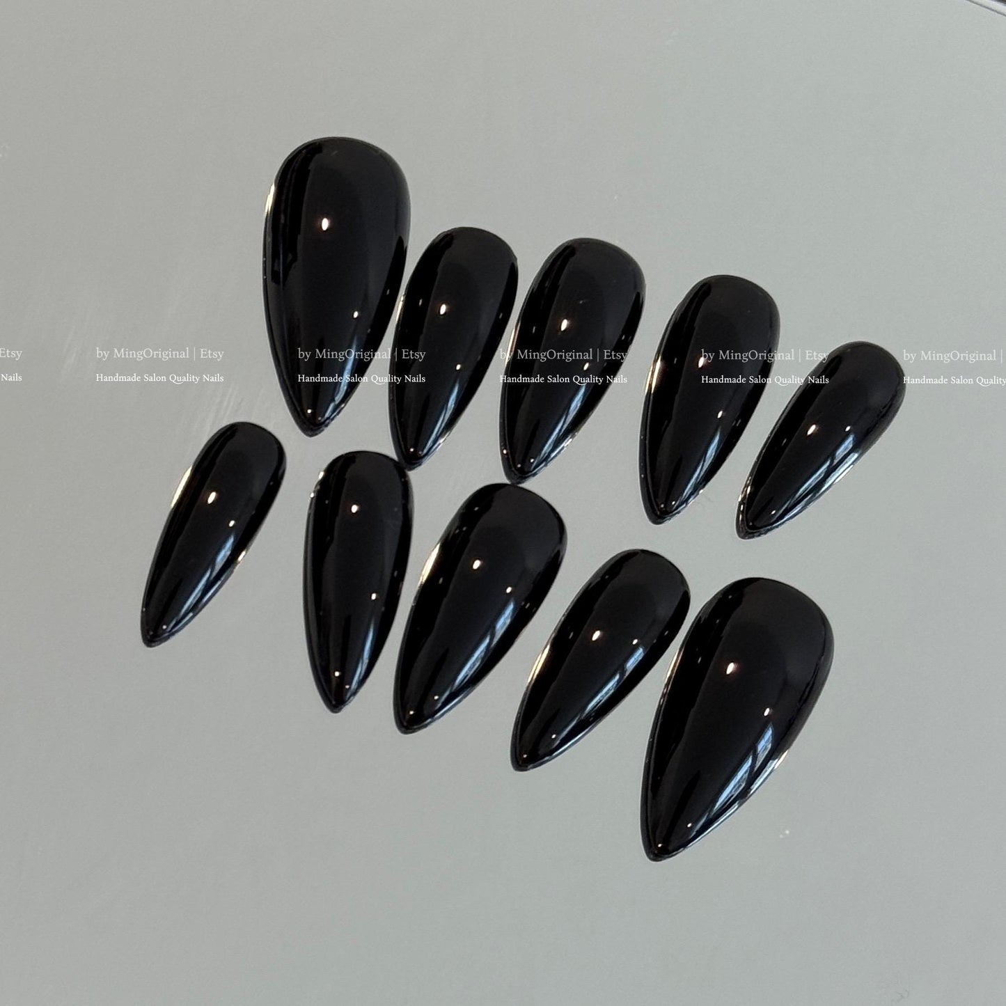 Solid Classic True Black color press on nails, opaque black nail, reusable nail, MO775