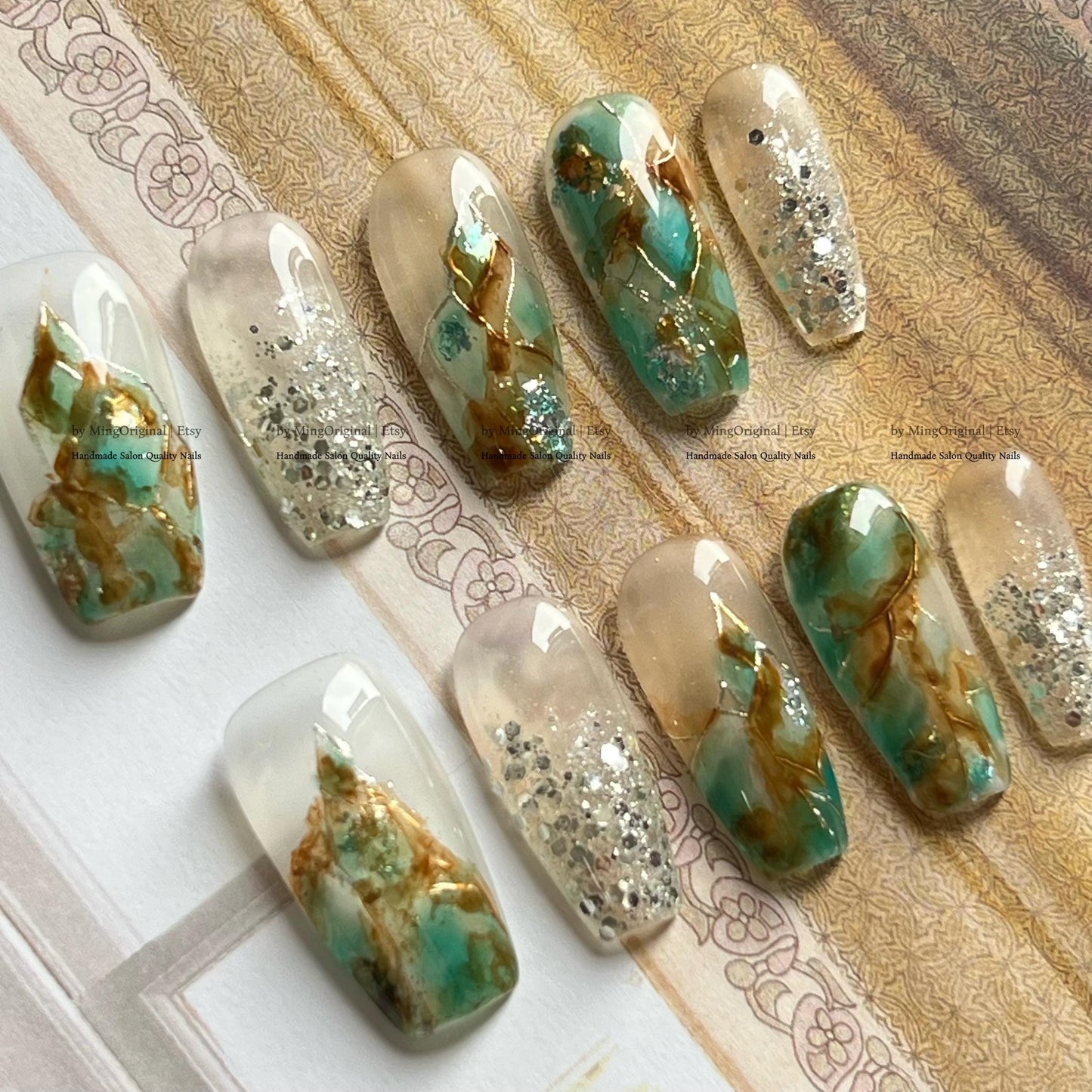 Green & Brown Marble Press On Nails, Silver Glitter Accent, Blending Quartz Stone, MO776