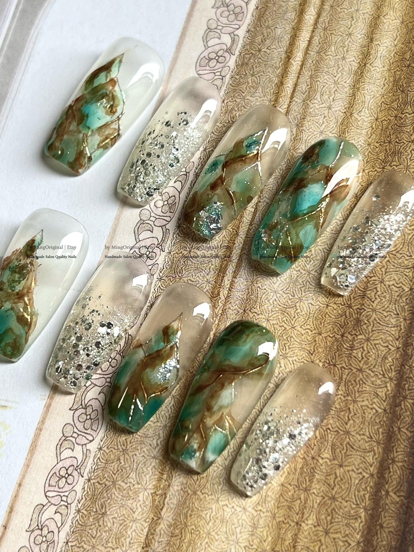 Green & Brown Marble Press On Nails, Silver Glitter Accent, Blending Quartz Stone, MO776