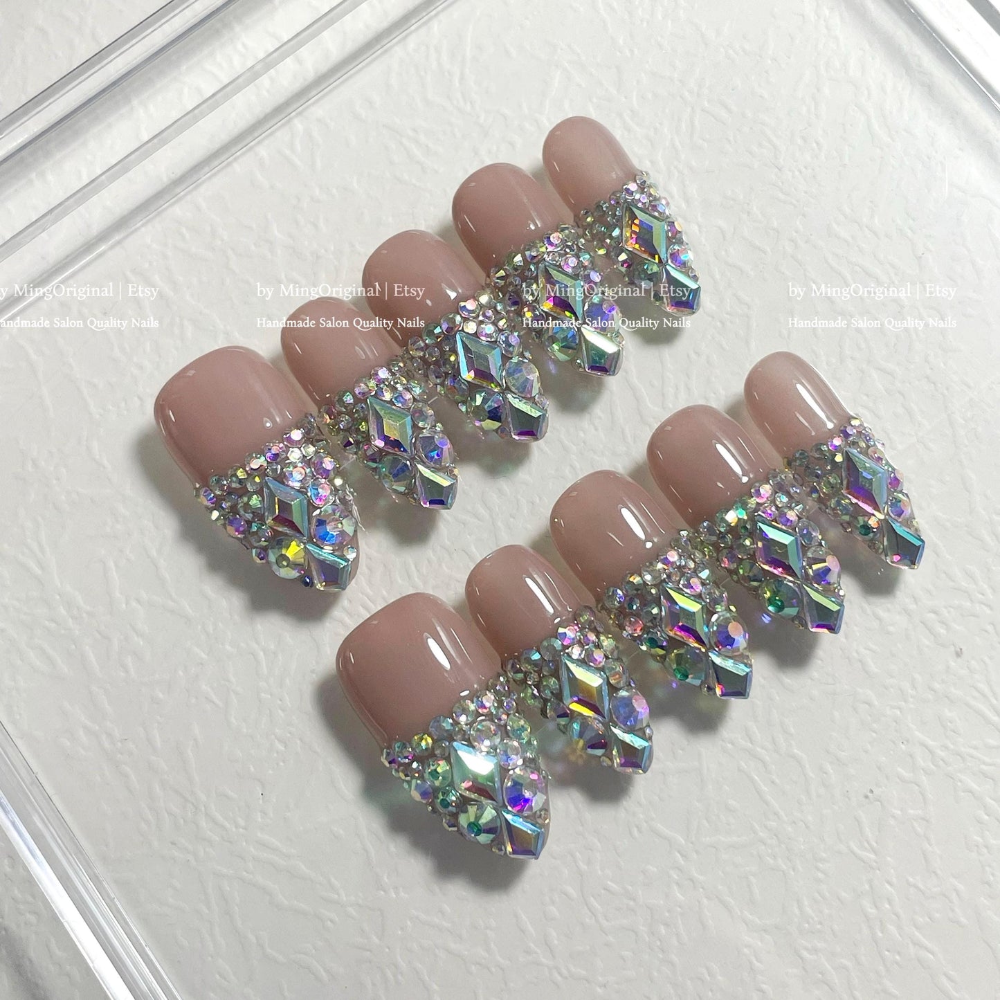 Nude Rhinestone Press-On Nails, Handmade Jewel Tip Nail Art, Diamond Crystal AB Stone Embellishments, French Tip, MO778