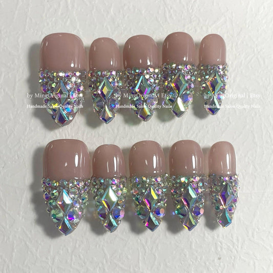 Nude Rhinestone Press-On Nails, Handmade Jewel Tip Nail Art, Diamond Crystal AB Stone Embellishments, French Tip, MO778