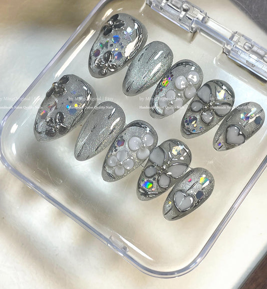 Silver 3D Press-On Nails, Handmade Nail Art with Flowers, Hearts & Butterflies, MO779