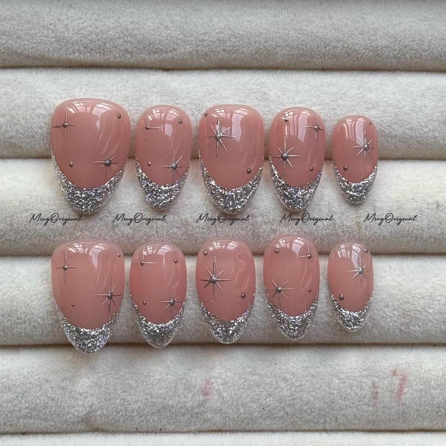 Silver Glitter Press on Nails, French Tip, Nude Pink Glittery Everyday Nail, Glue on Nail, Fake Nails, Reusable Nails, MO753