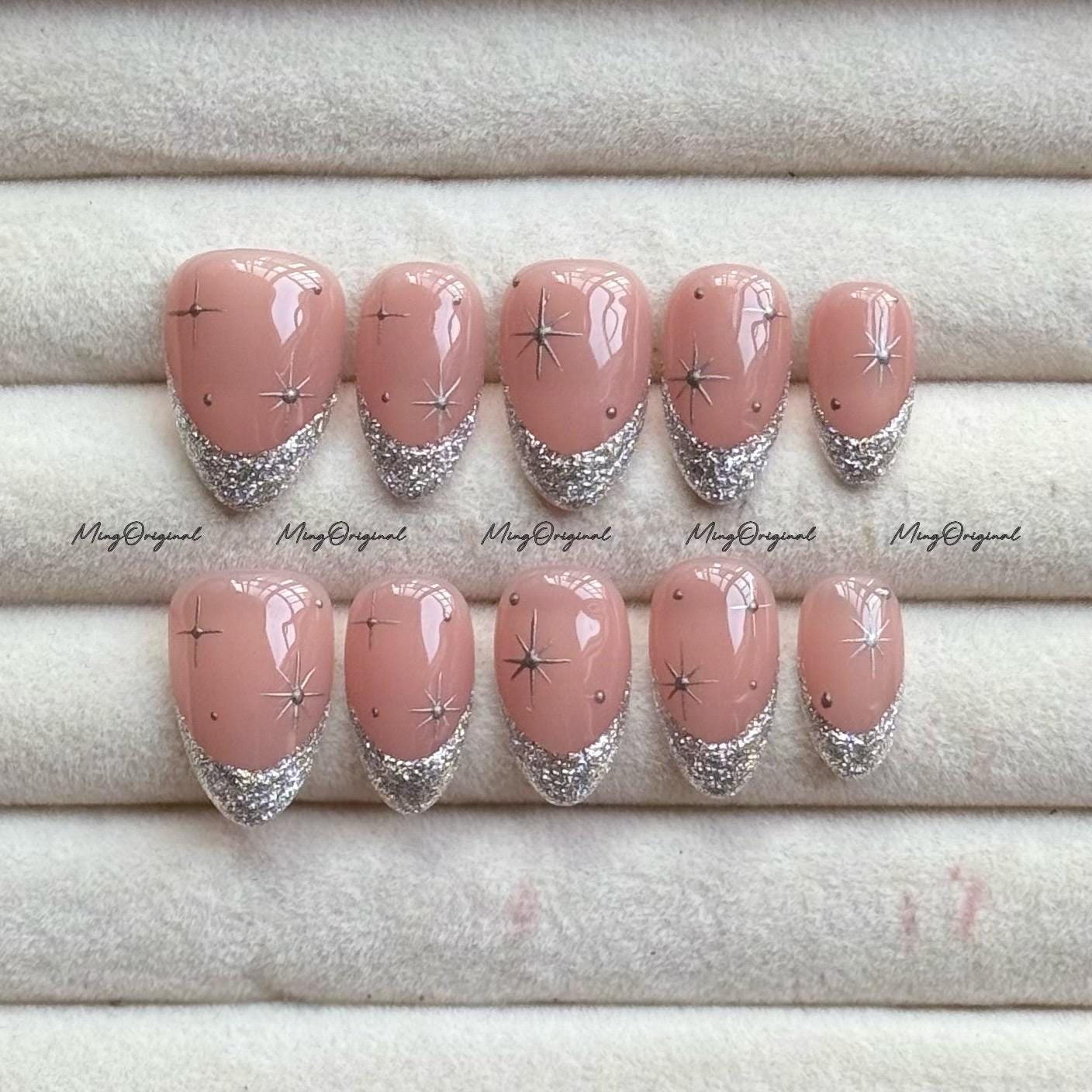 Silver Glitter Press on Nails, French Tip, Nude Pink Glittery Everyday Nail, Glue on Nail, Fake Nails, Reusable Nails, MO753