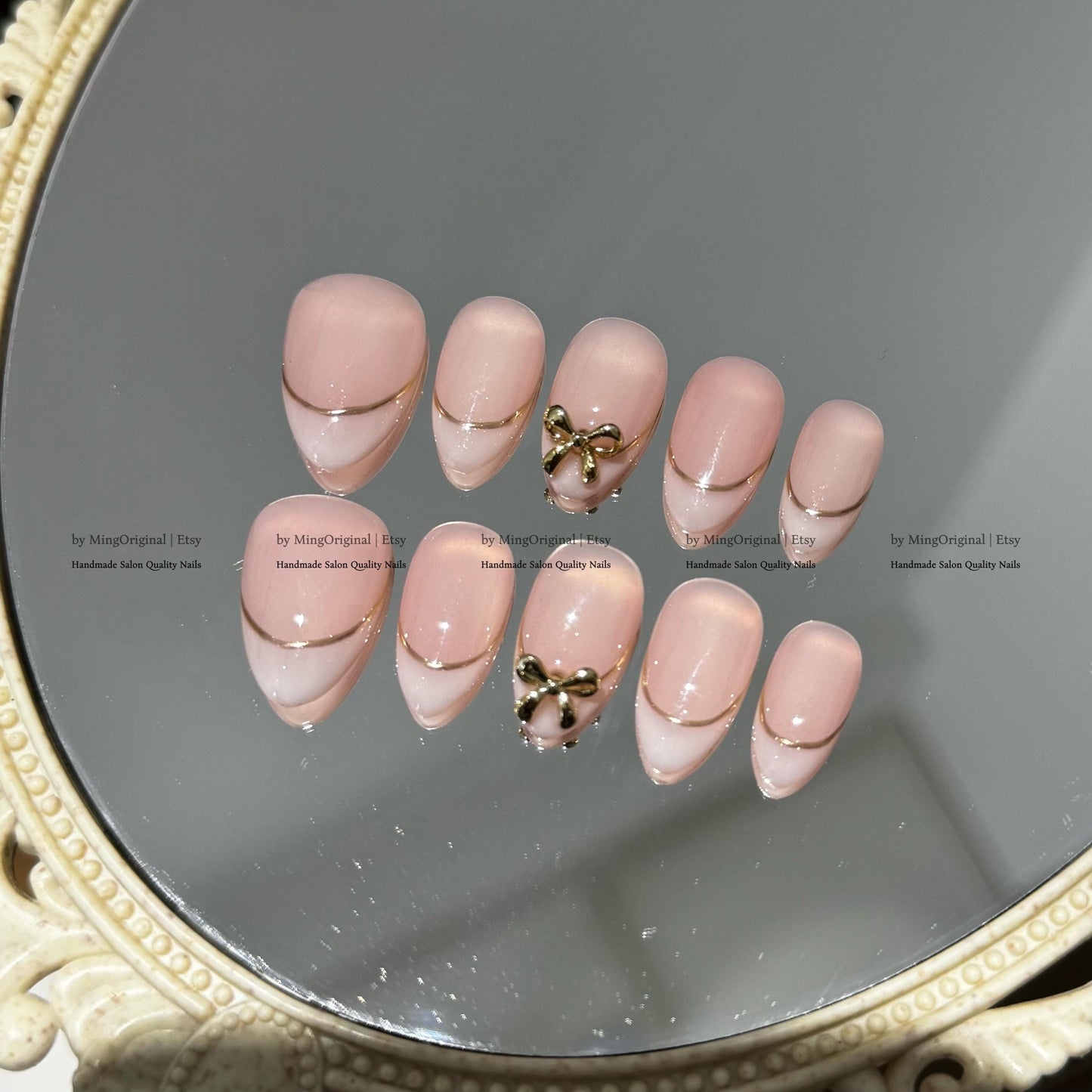 Milky french tip natural press on nail, Gold line and bow, Milky white Fake nails, Handmade milky jelly nail, gift for her, MO780