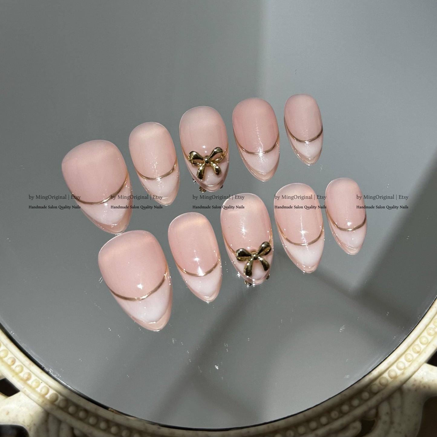 Milky french tip natural press on nail, Gold line and bow, Milky white Fake nails, Handmade milky jelly nail, gift for her, MO780