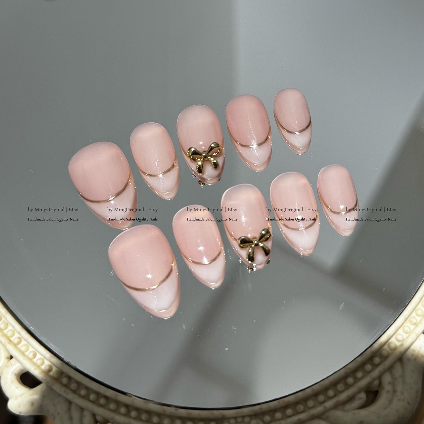 Milky french tip natural press on nail, Gold line and bow, Milky white Fake nails, Handmade milky jelly nail, gift for her, MO780