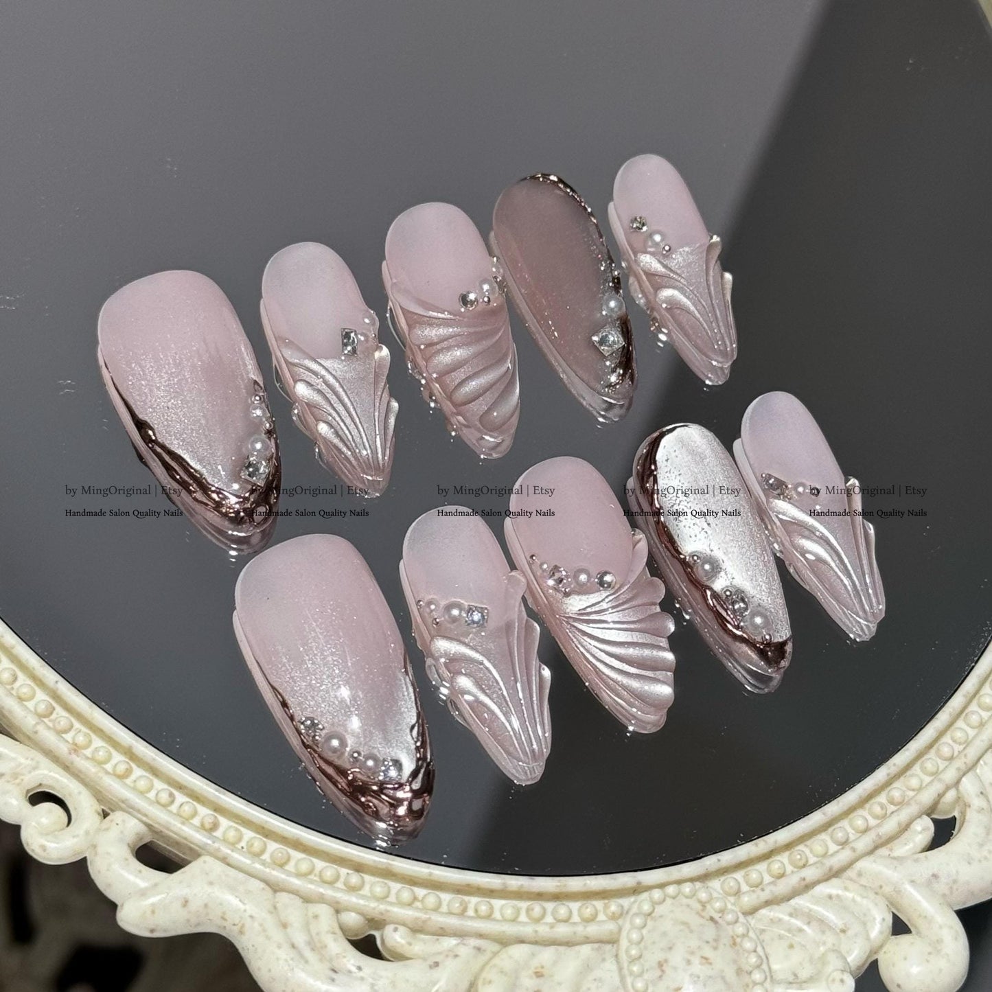 Luxury Mermaid Press-On Nails, Handmade Pink 3D Jewel Nail Art with Pearls & Rhinestones, MO781