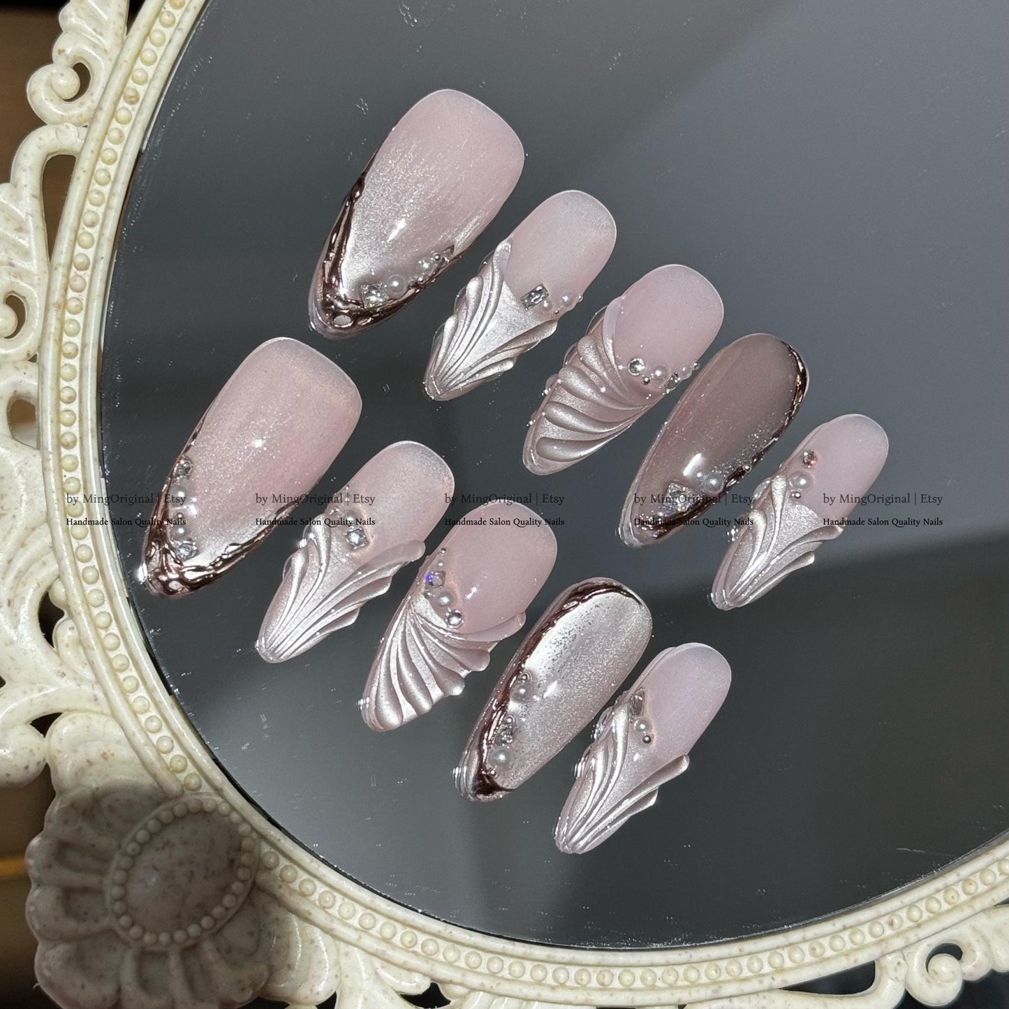 Luxury Mermaid Press-On Nails, Handmade Pink 3D Jewel Nail Art with Pearls & Rhinestones, MO781