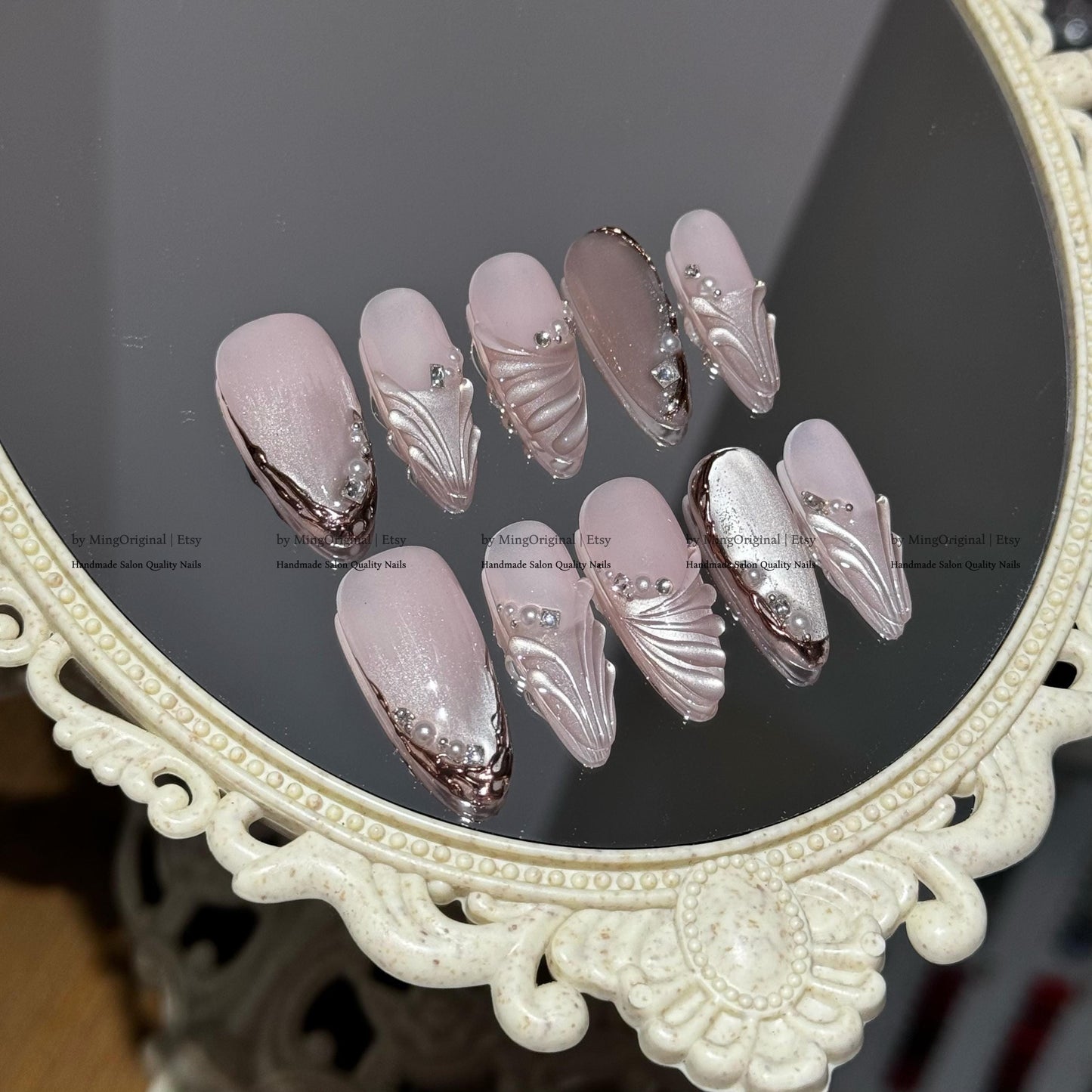 Luxury Mermaid Press-On Nails, Handmade Pink 3D Jewel Nail Art with Pearls & Rhinestones, MO781