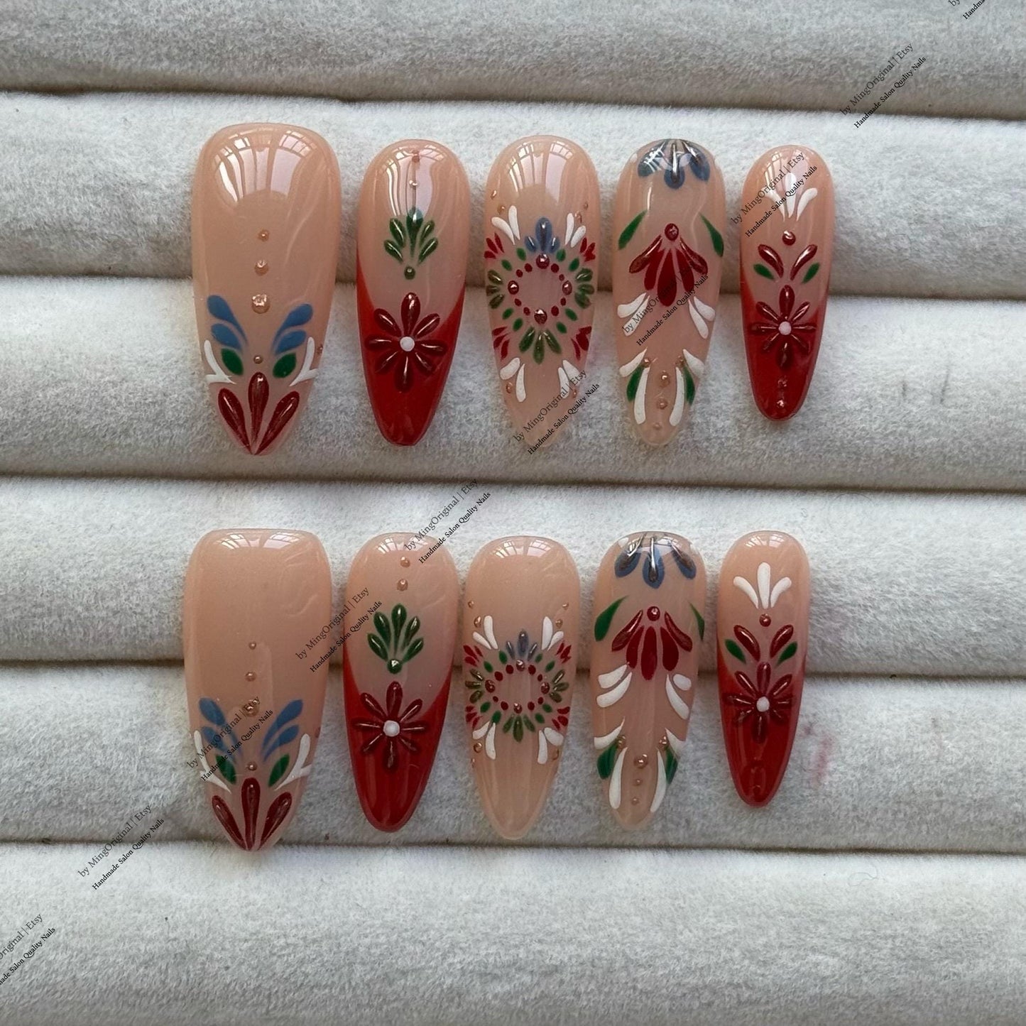 Boho Press-On Nails, Red & Nude Hand-Painted Nail Art, Luxurious Design, MO782