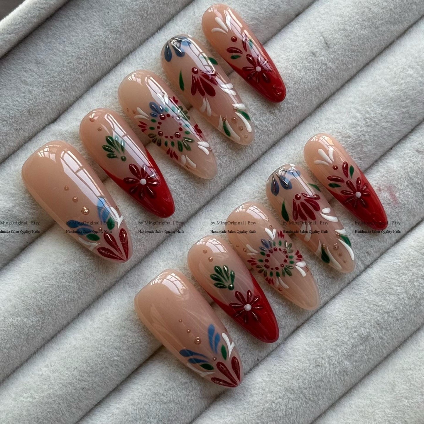 Boho Press-On Nails, Red & Nude Hand-Painted Nail Art, Luxurious Design, MO782
