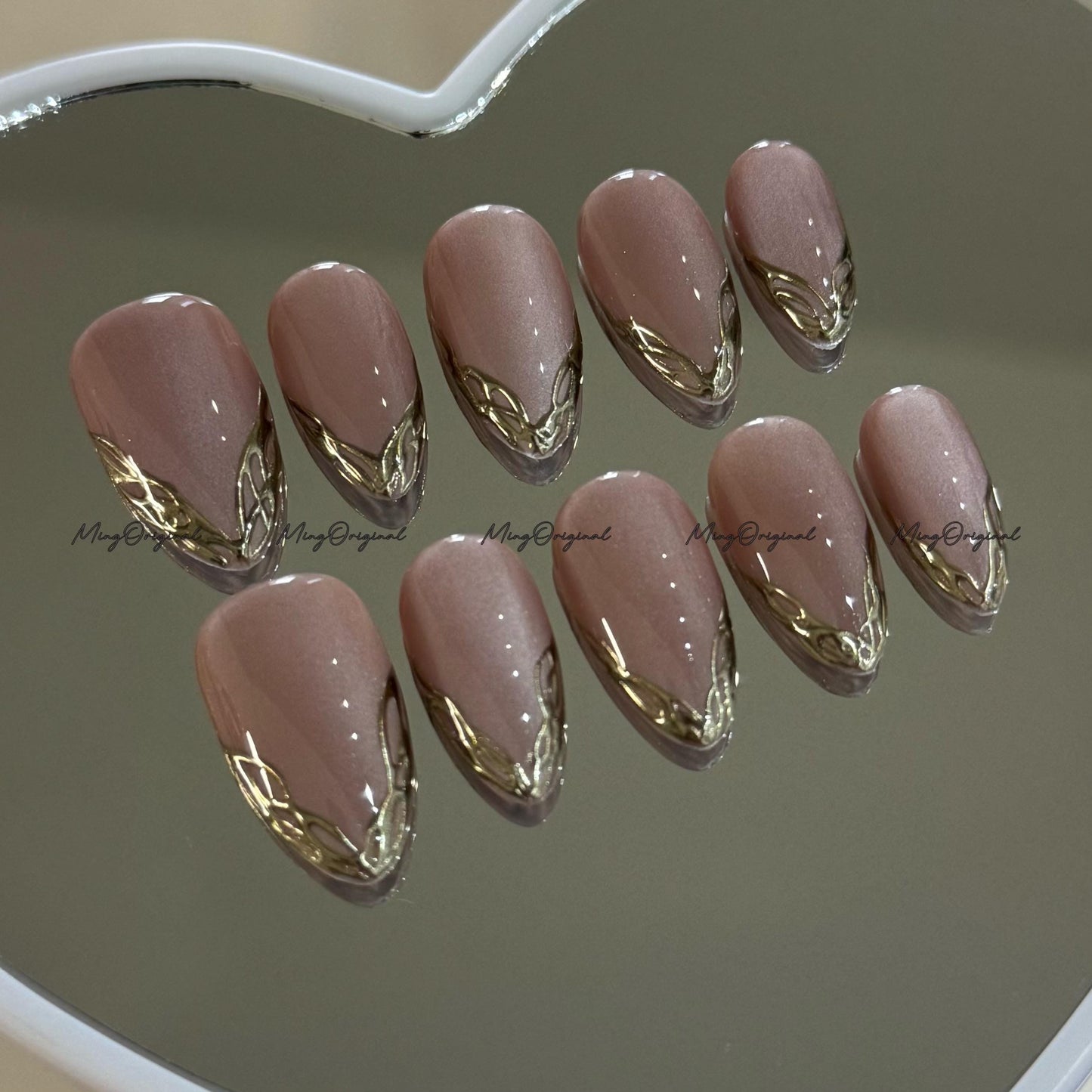Gold Chrome Tip Press on Nails, Silky Velvet Nude Cat Eye Classy French Tip Gold Mirror Chrome hand painted fake Nails,Everyday nail, MO756