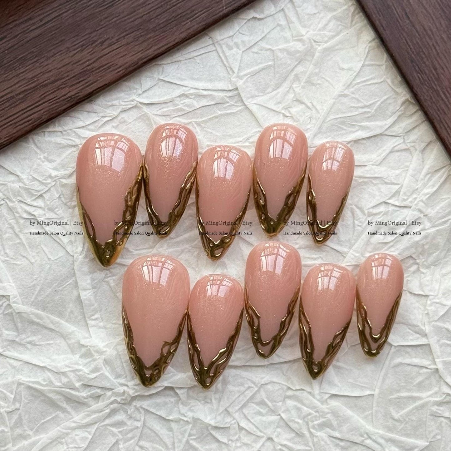 Gold Chrome Tip Press on Nails, Nude Classy French Tip Gold Mirror Chrome hand painted fake Nails,Everyday nail, MO783