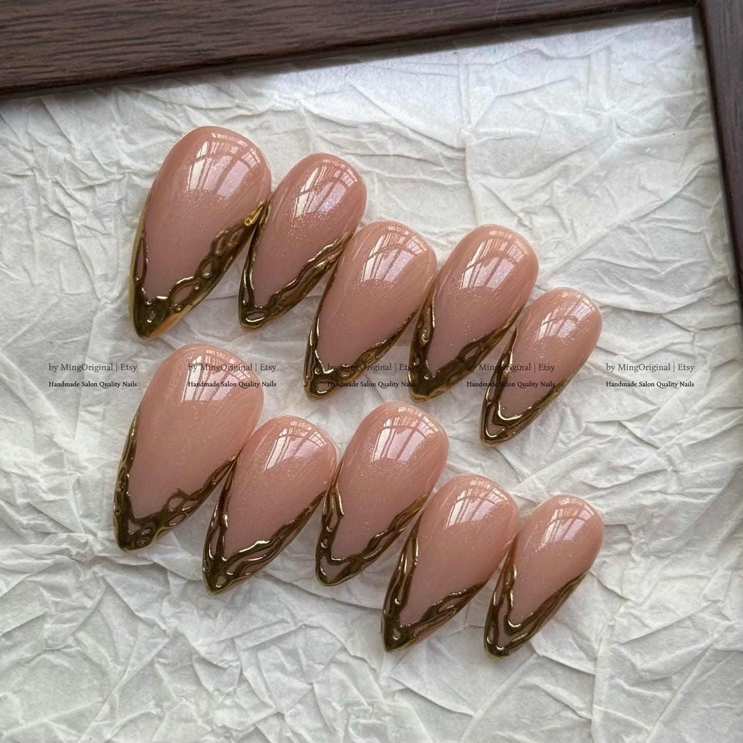 Gold Chrome Tip Press on Nails, Nude Classy French Tip Gold Mirror Chrome hand painted fake Nails,Everyday nail, MO783