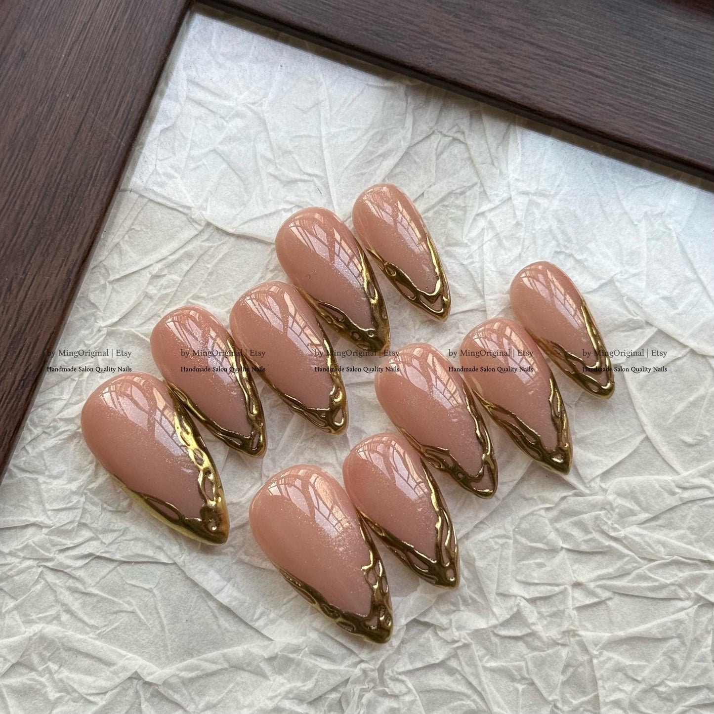 Gold Chrome Tip Press on Nails, Nude Classy French Tip Gold Mirror Chrome hand painted fake Nails,Everyday nail, MO783