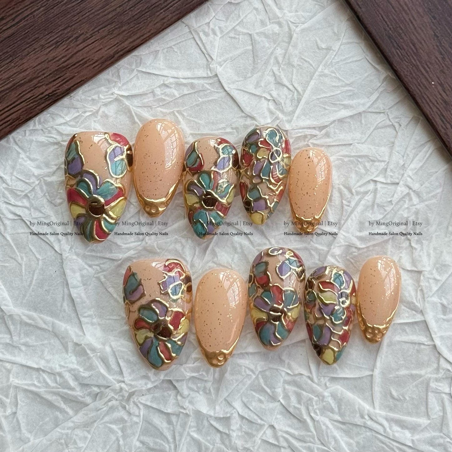 Handmade Floral Press-On Nails, Nude Base with Gold Speckles & Colorful Petal Outlines, Artistic Nail Set, MO784