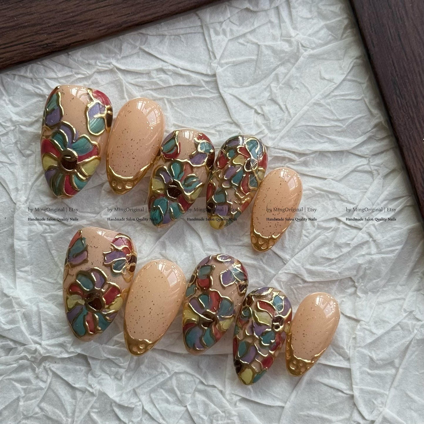 Handmade Floral Press-On Nails, Nude Base with Gold Speckles & Colorful Petal Outlines, Artistic Nail Set, MO784