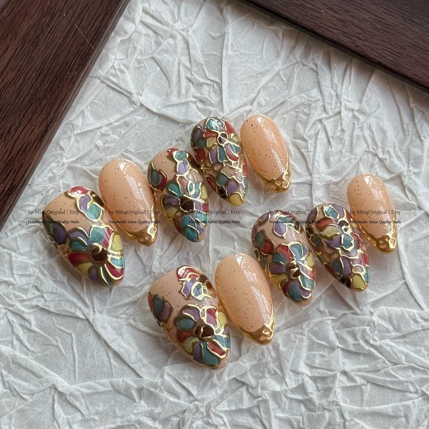 Handmade Floral Press-On Nails, Nude Base with Gold Speckles & Colorful Petal Outlines, Artistic Nail Set, MO784