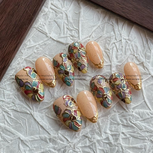 Handmade Floral Press-On Nails, Nude Base with Gold Speckles & Colorful Petal Outlines, Artistic Nail Set, MO784