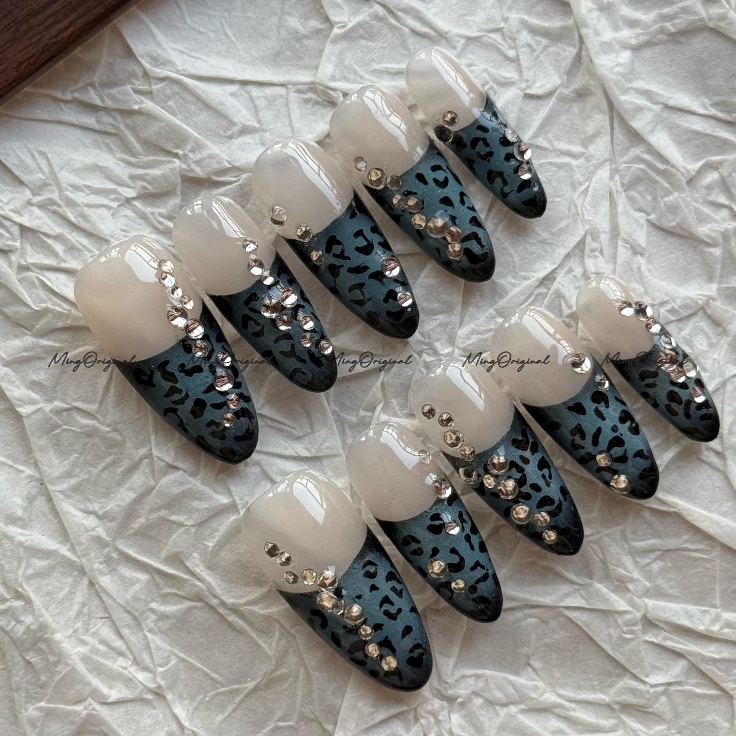 Teal Leopard Gradient Press-On Nails, Nude to Black Animal Print with Rhinestone Accent, Reusable Nails, MO757