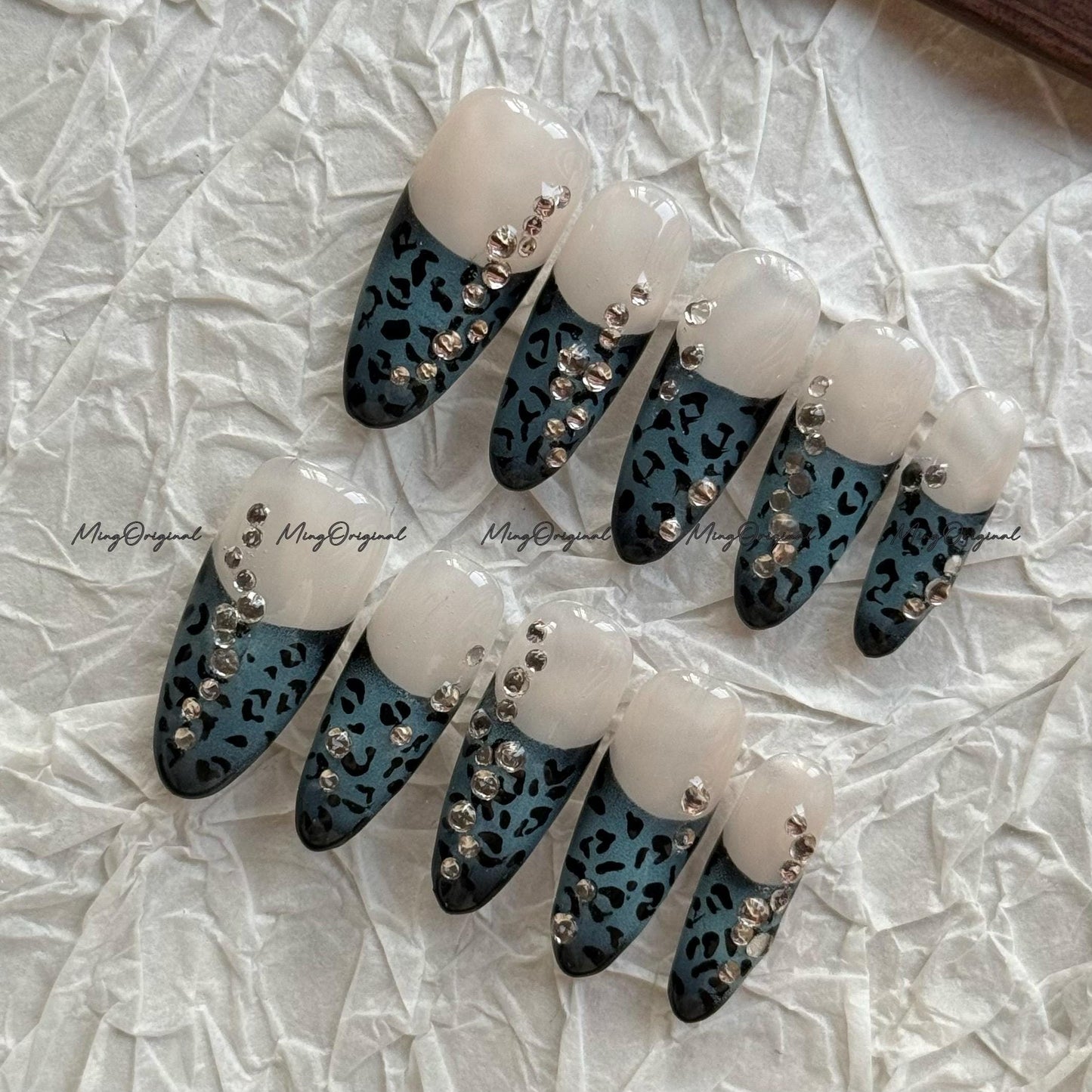 Teal Leopard Gradient Press-On Nails, Nude to Black Animal Print with Rhinestone Accent, Reusable Nails, MO757