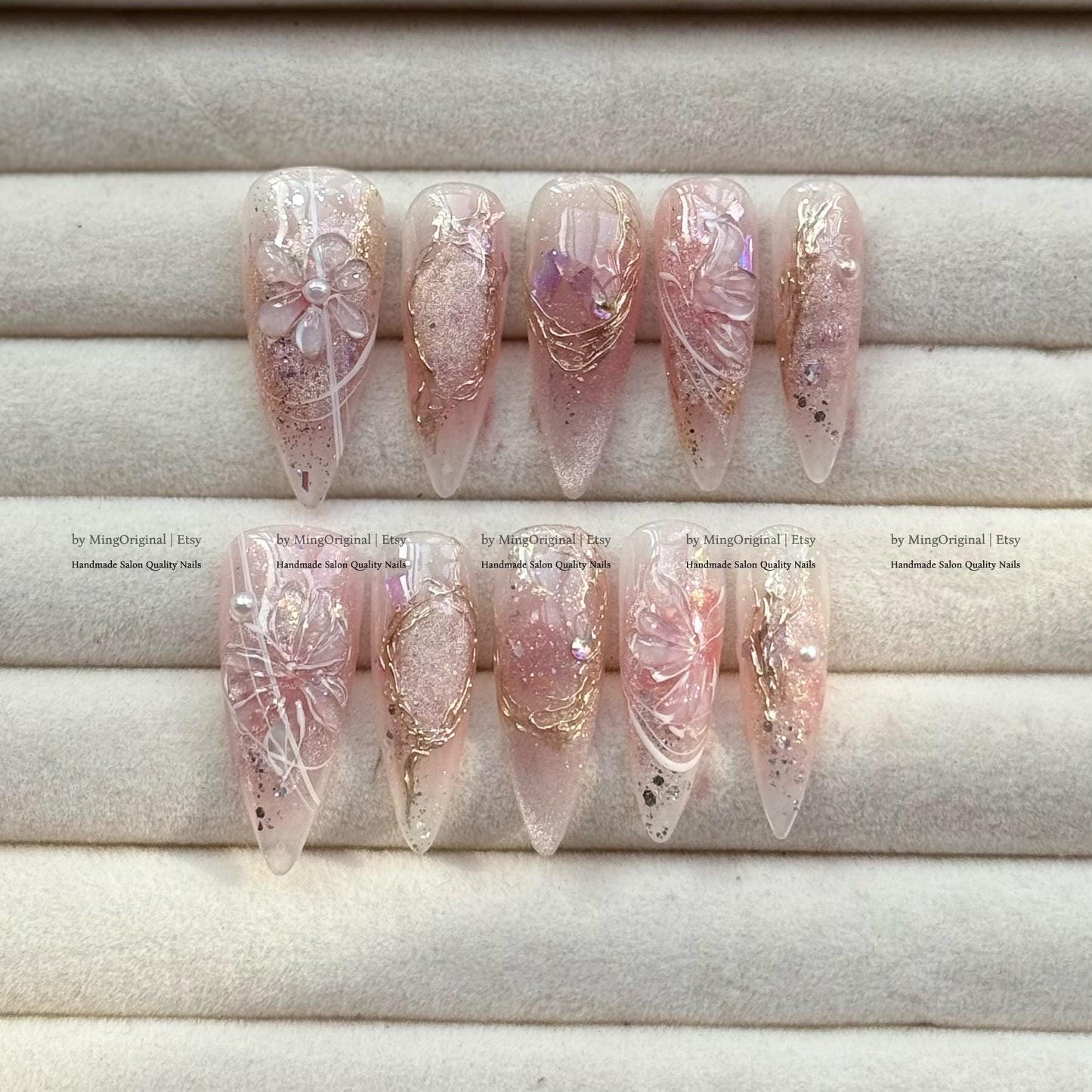 Romantic Fairy Press-On Nails, Handmade 3D Nail Art with Pearls, Crystals Dreamy Details, gold foil accents ethereal design, MO785