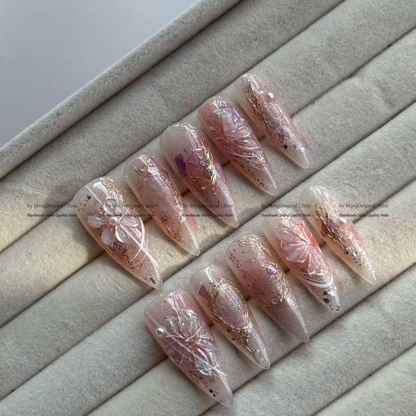 Romantic Fairy Press-On Nails, Handmade 3D Nail Art with Pearls, Crystals Dreamy Details, gold foil accents ethereal design, MO785