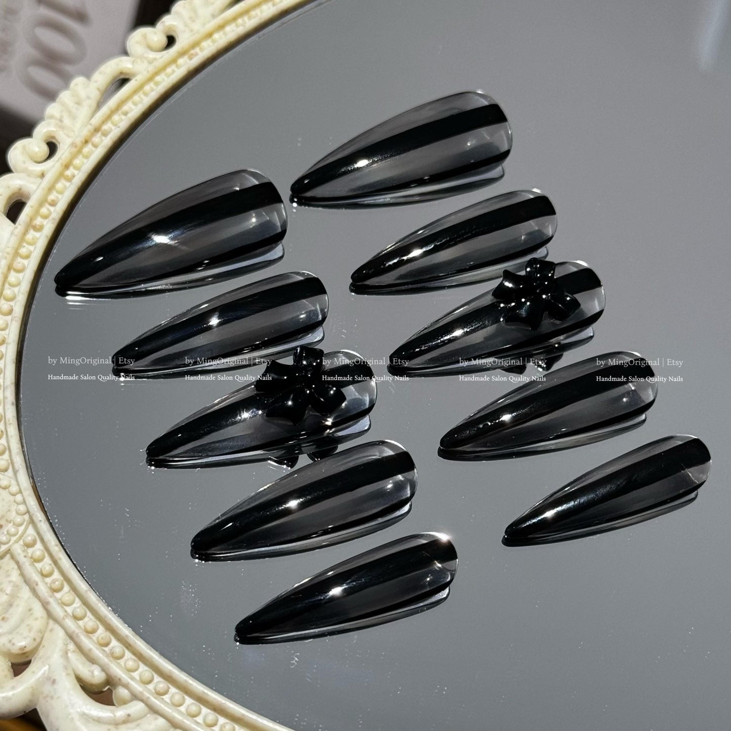Black Press-On Nails, Handmade Glossy Nail Art with 3D Bow Minimalist Stripe Design, MO786