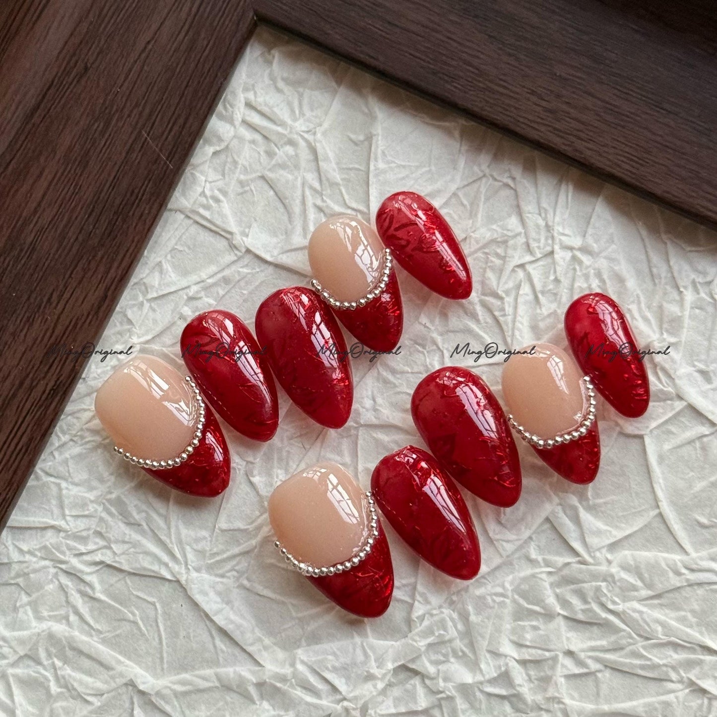 Velvet Fade Press-On Nails, Nude to Deep Red Gradient with Silver Bead Accent | Handmade Winter Glam Nail Art, MO759