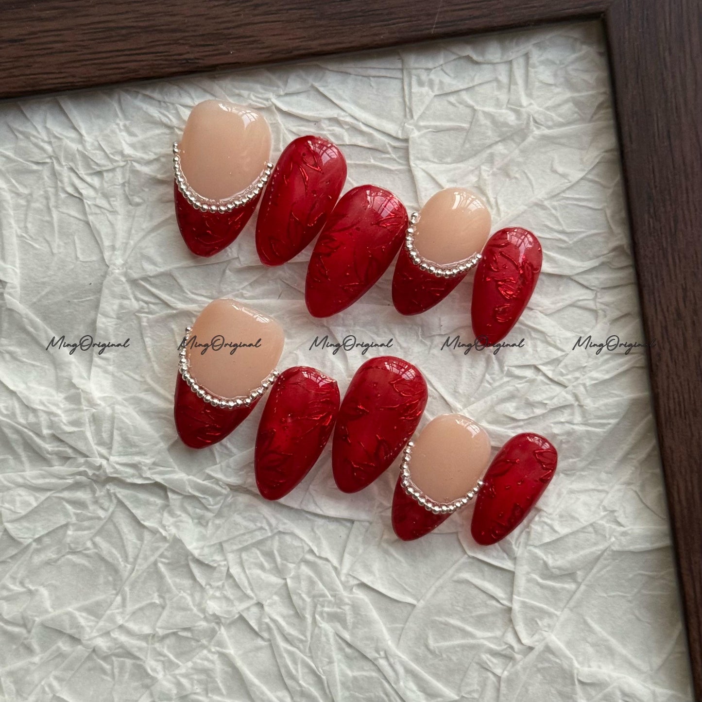 Velvet Fade Press-On Nails, Nude to Deep Red Gradient with Silver Bead Accent | Handmade Winter Glam Nail Art, MO759