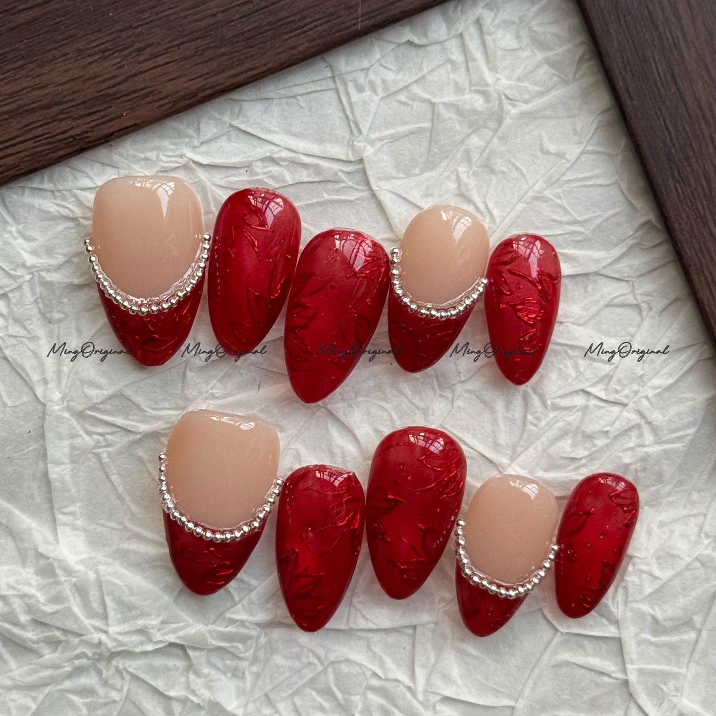 Velvet Fade Press-On Nails, Nude to Deep Red Gradient with Silver Bead Accent | Handmade Winter Glam Nail Art, MO759