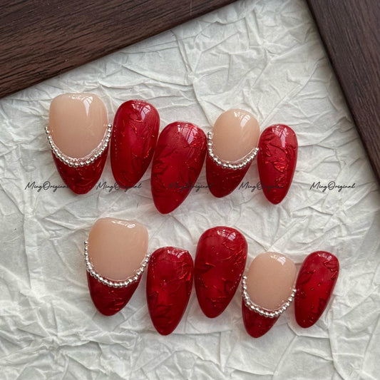 Velvet Fade Press-On Nails, Nude to Deep Red Gradient with Silver Bead Accent | Handmade Winter Glam Nail Art, MO759