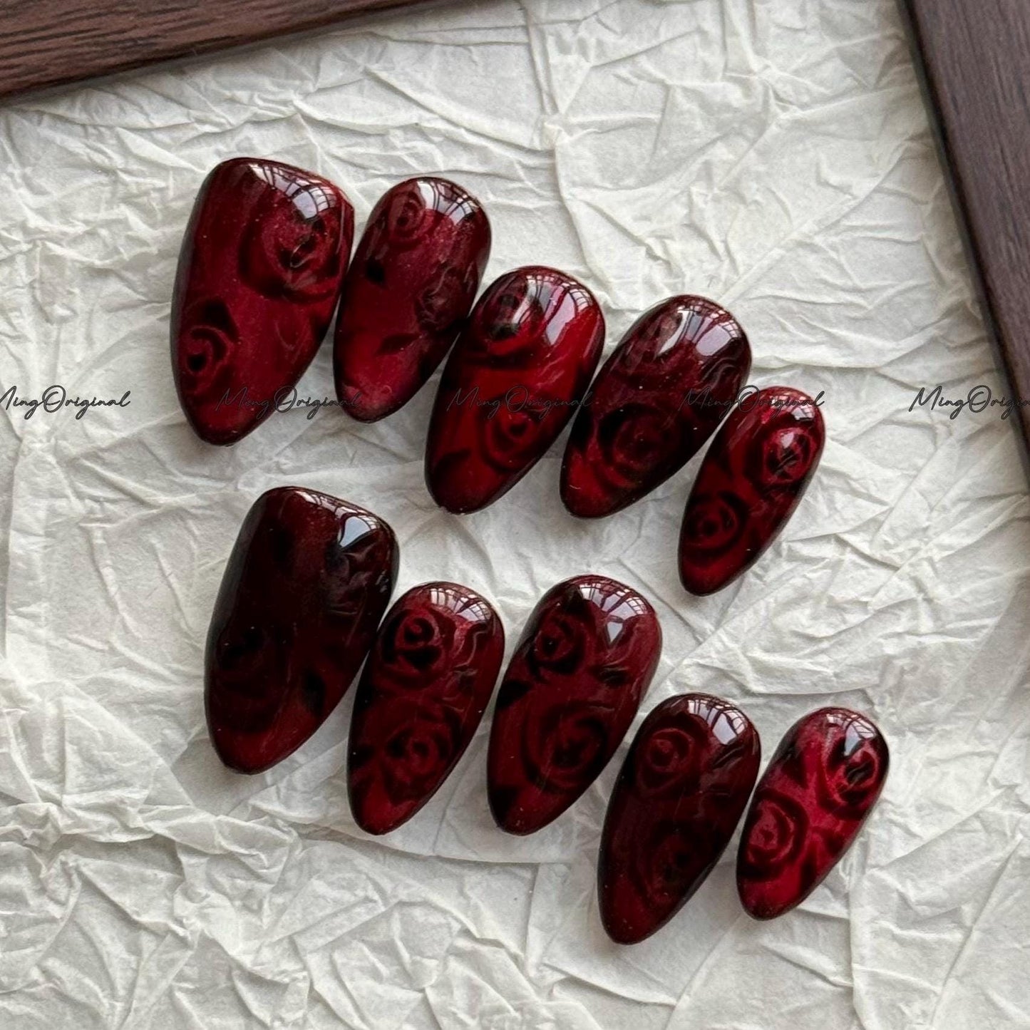 Velvet Rose Press-On Nails, Deep Red Glossy Nails with Embedded Black Floral Art, Cat Eye Handmade Romantic Nail Set, MO760