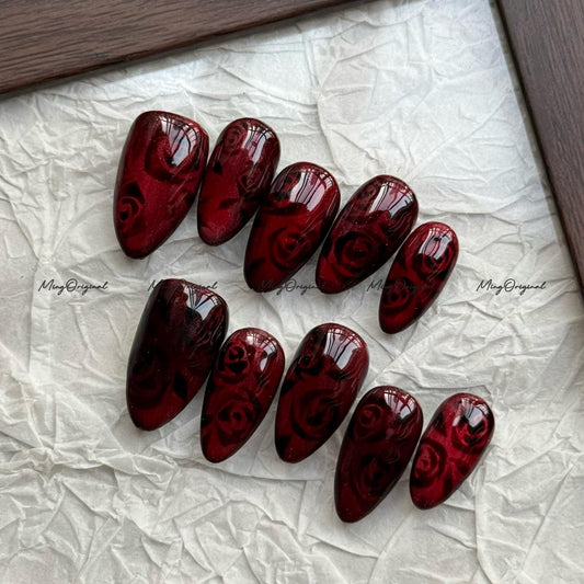 Velvet Rose Press-On Nails, Deep Red Glossy Nails with Embedded Black Floral Art, Cat Eye Handmade Romantic Nail Set, MO760