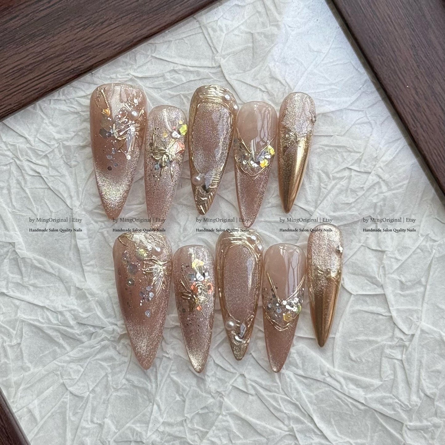 Nude Gold Press-On Nails, Handmade Luxury Nail Art with Pearls, Foil Glitter Abstract Floral Accents, MO787