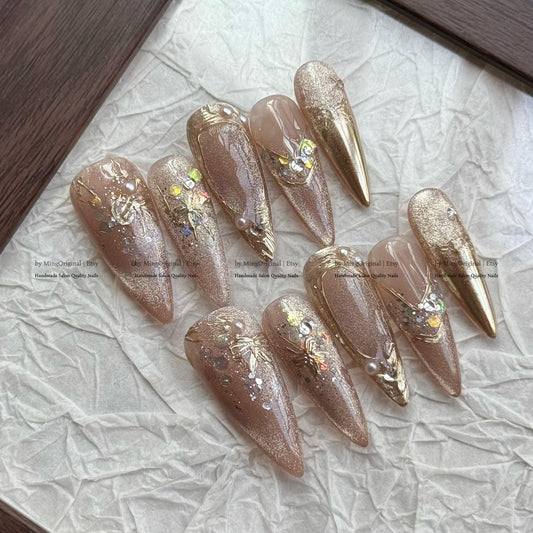 Nude Gold Press-On Nails, Handmade Luxury Nail Art with Pearls, Foil Glitter Abstract Floral Accents, MO787