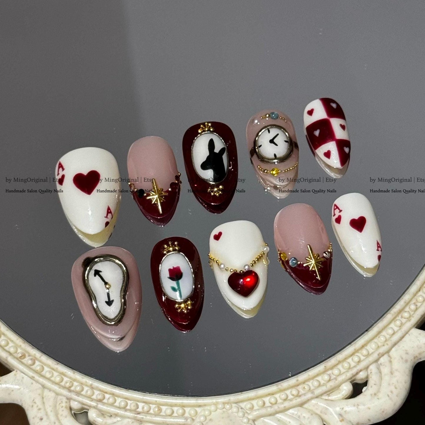 New Year Romance Press-On Nails, Handmade Nail Art with Clock, Hearts, Gems & Playing Card Details, MO789