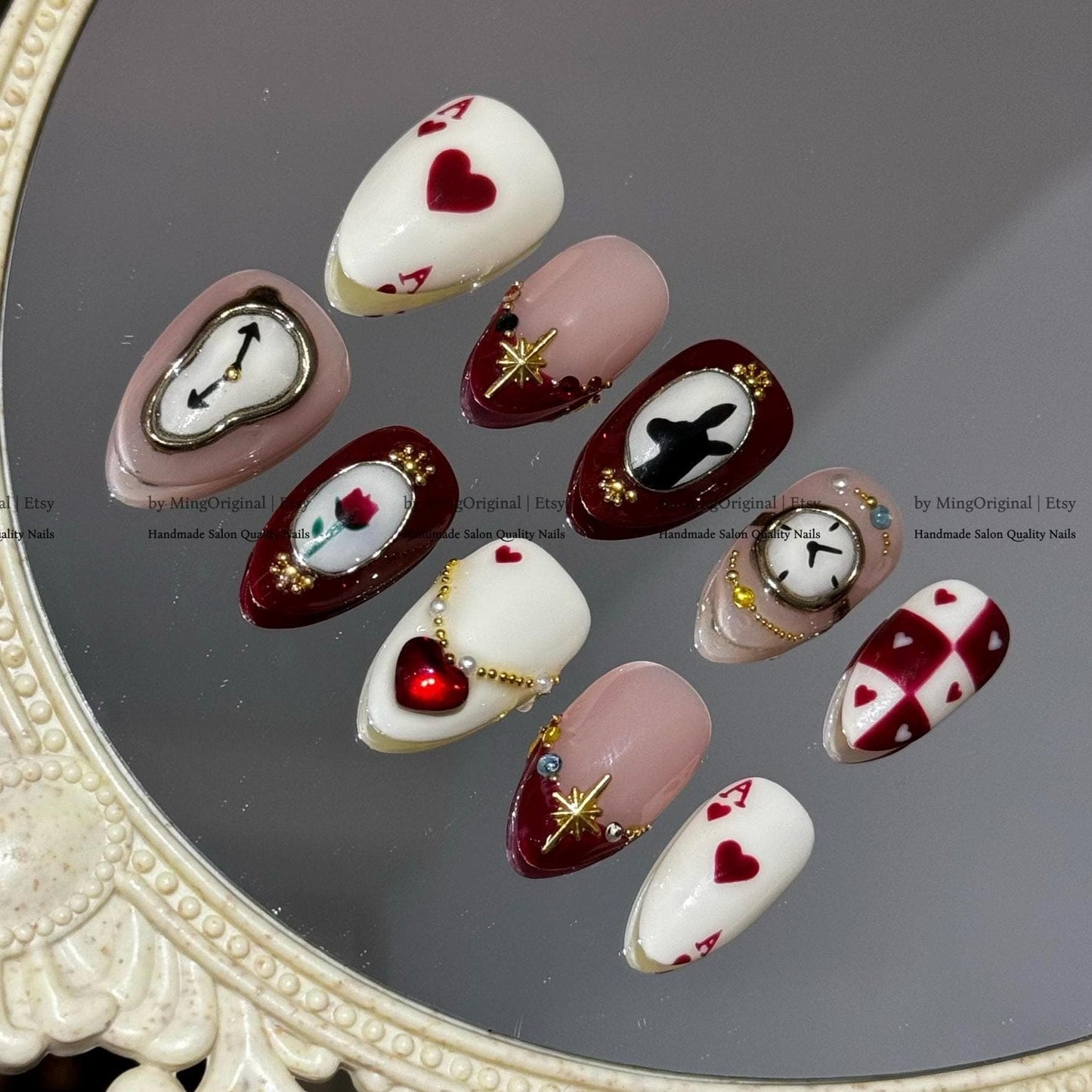 New Year Romance Press-On Nails, Handmade Nail Art with Clock, Hearts, Gems & Playing Card Details, MO789